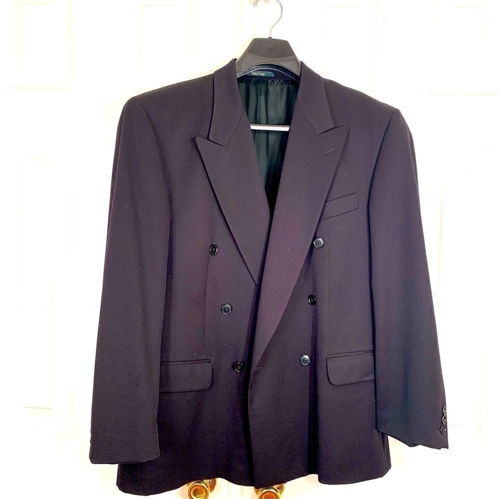 VINTAGE BLACK KASPER DOUBLE BREASTED SUIT SIZE 43R
